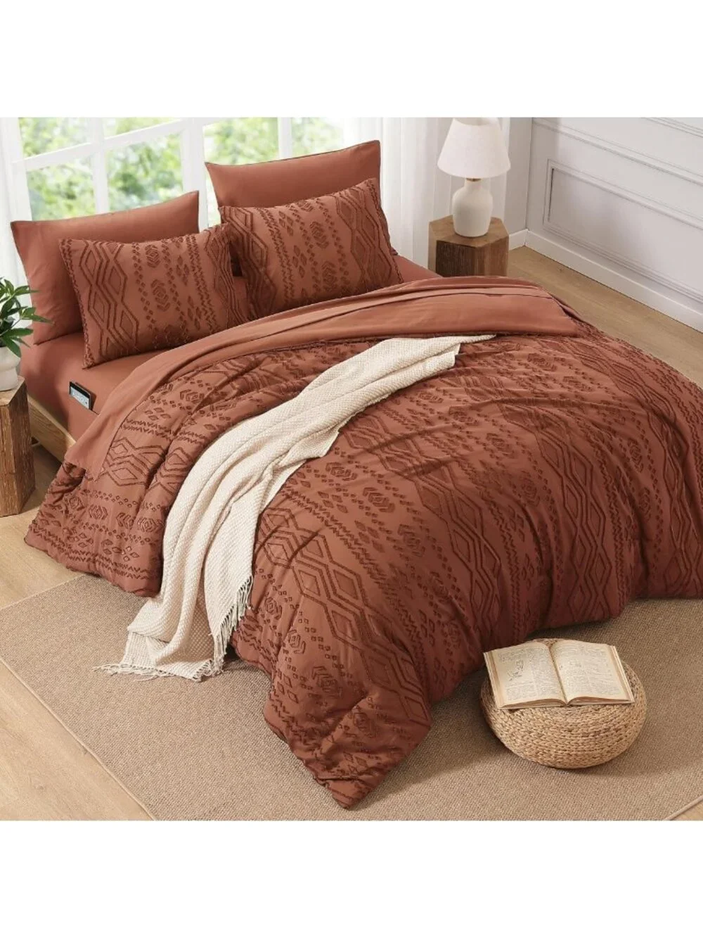 Cozy Autumn Leaf Tufted Boho Comforter Set - 7 Piece Full Size Bedding Ensemble